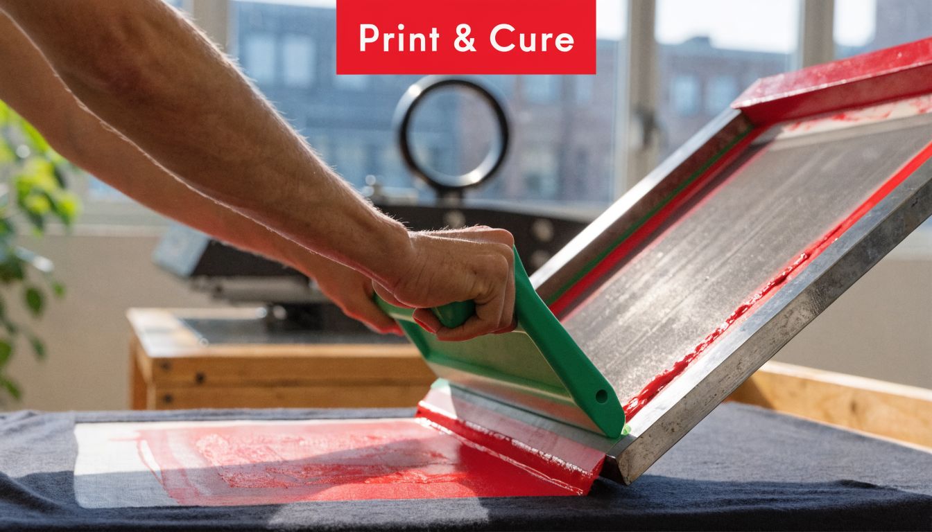 A close-up view of an artist pulling a squeegee over a screen printing frame onto a black shirt.