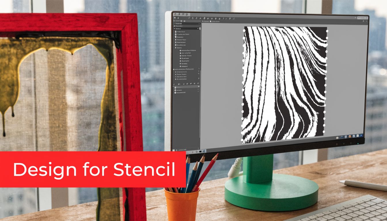 A computer monitor displaying a black and white graphic design next to a screen printing frame.