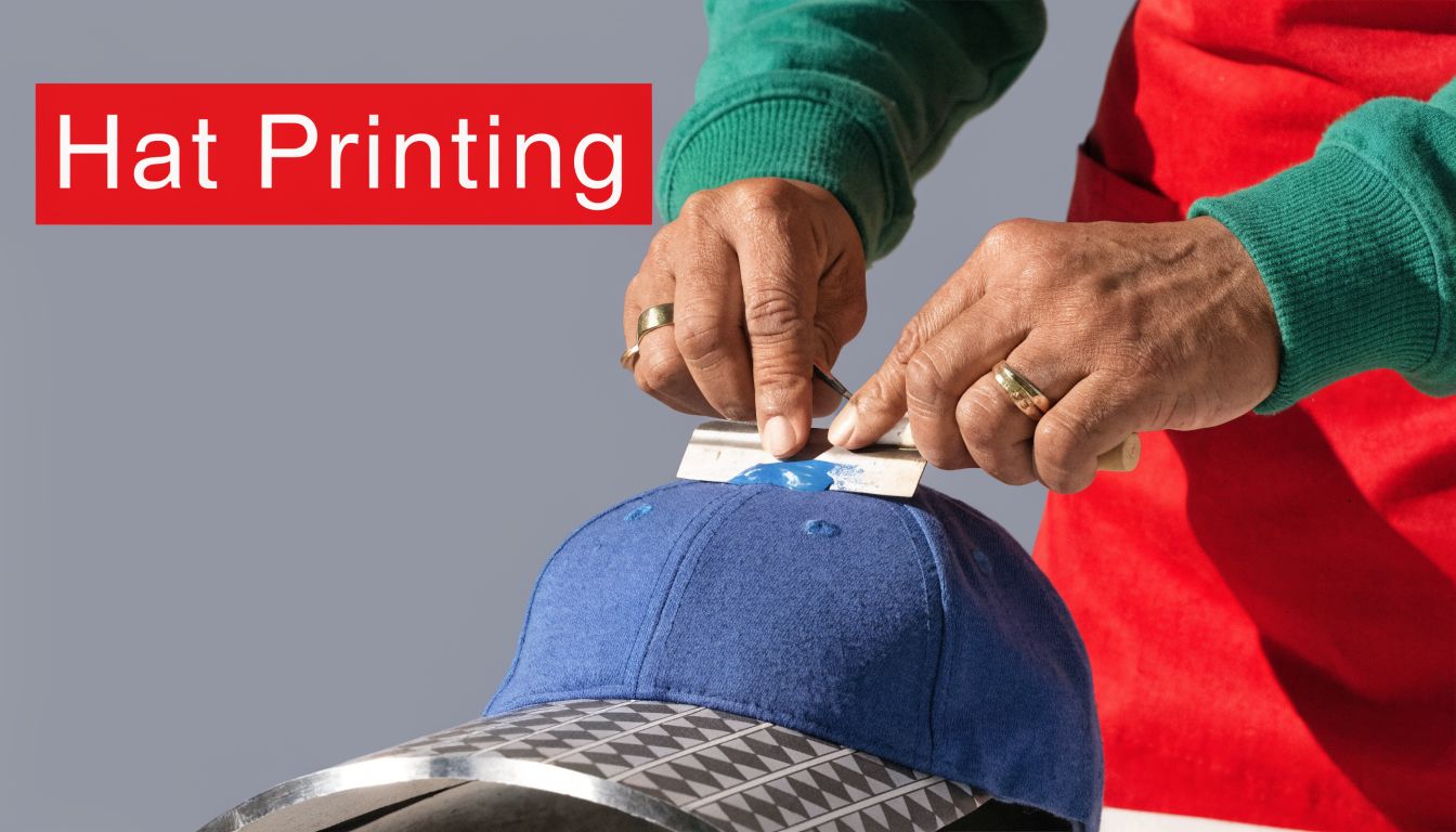 A craftsman applies blue ink onto a blue baseball cap using a squeegee for custom printing.
