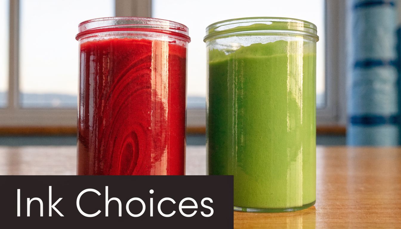 Two clear jars filled with vibrant red and green screen printing ink sitting on a wooden surface.