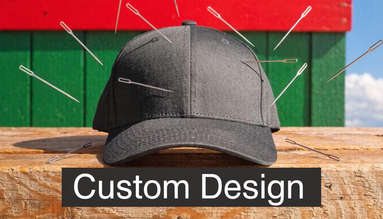 A black plain snapback cap on a wooden surface with sewing needles flying around it