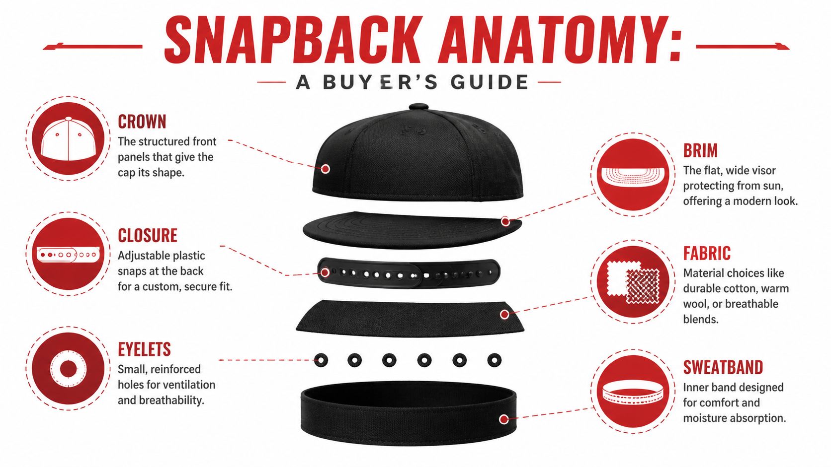 A detailed anatomy infographic of a snapback cap, highlighting its key components including the brim, crown, and closure.