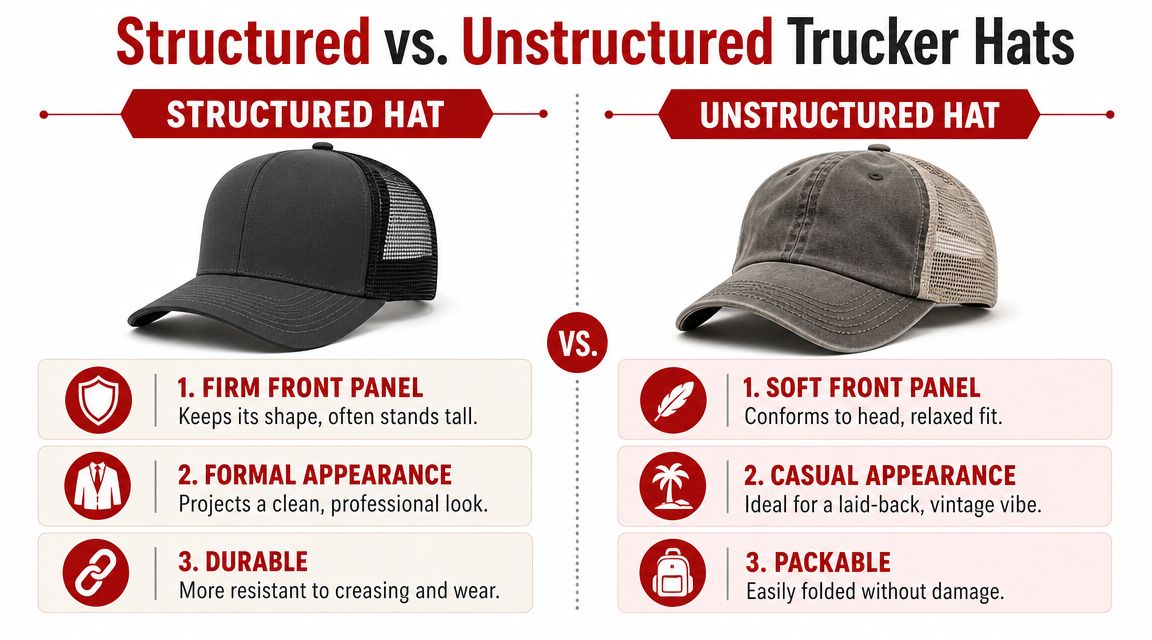 A comparison chart showing the differences between structured and unstructured trucker hats with descriptive key features.