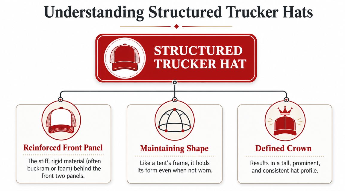 A diagram explaining the features of a structured trucker hat, including reinforced panels, shape retention, and profile.