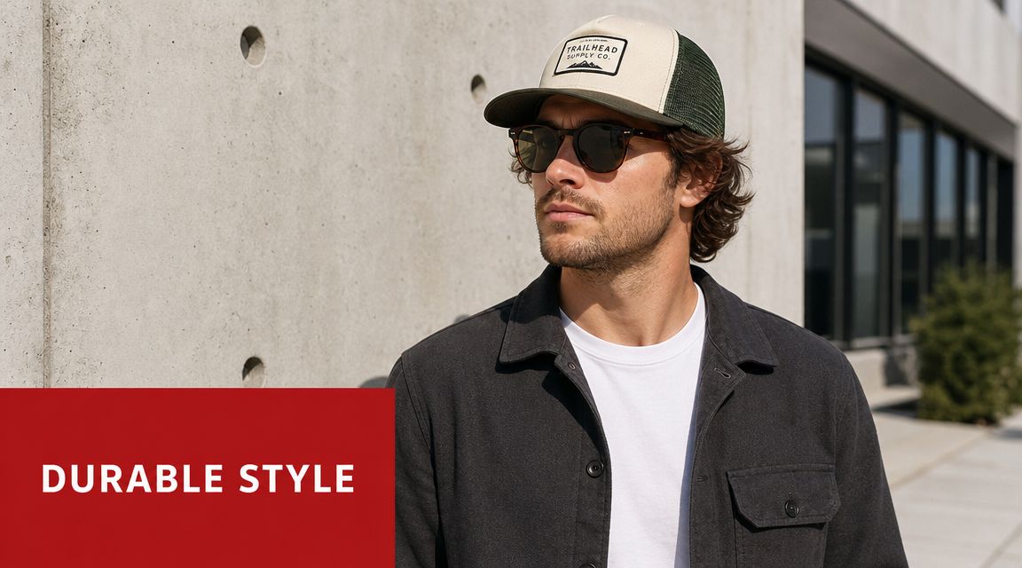 A man wearing a structured trucker hat and sunglasses standing against a concrete wall, dressed in a jacket.