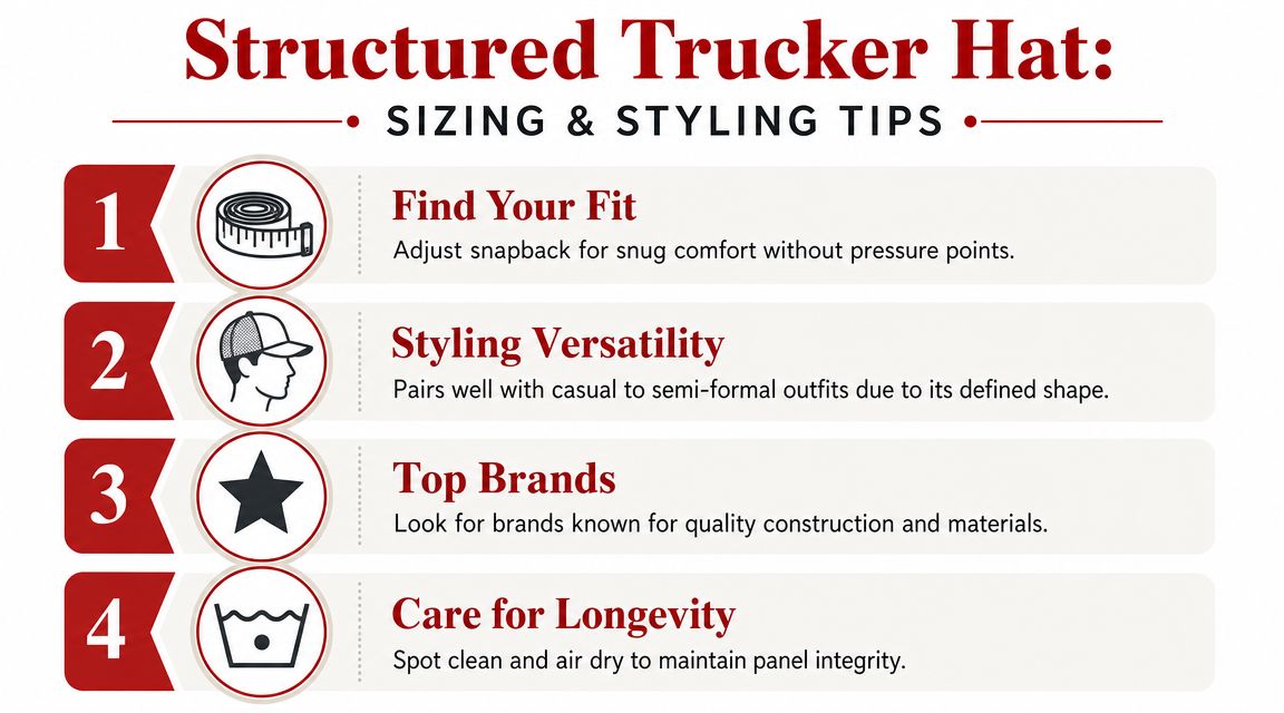 A helpful infographic showing four essential tips for fitting, styling, and caring for a structured trucker hat.