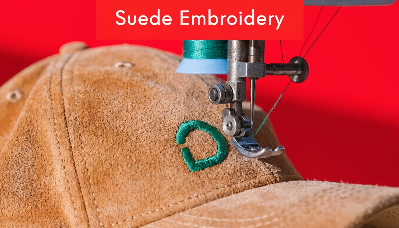 A close-up of a green letter being machine embroidered onto a brown suede baseball cap.