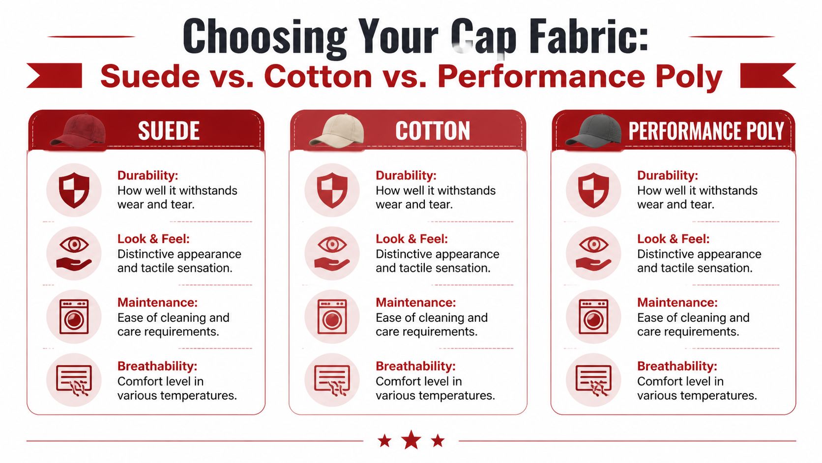 A comparison chart explaining the differences between suede, cotton, and performance poly fabrics for baseball caps.