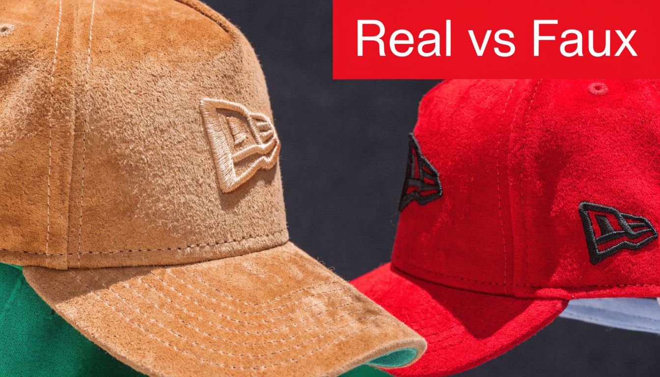 A close-up view comparing a tan suede baseball cap with a red suede baseball cap for quality.