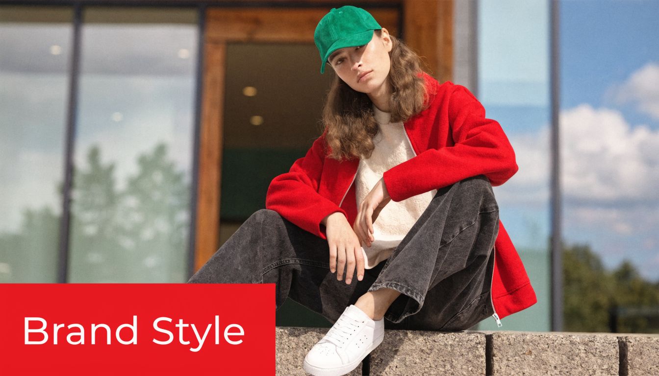 A stylish young woman wearing a vibrant green suede baseball cap, a red jacket, and white sneakers outdoors.