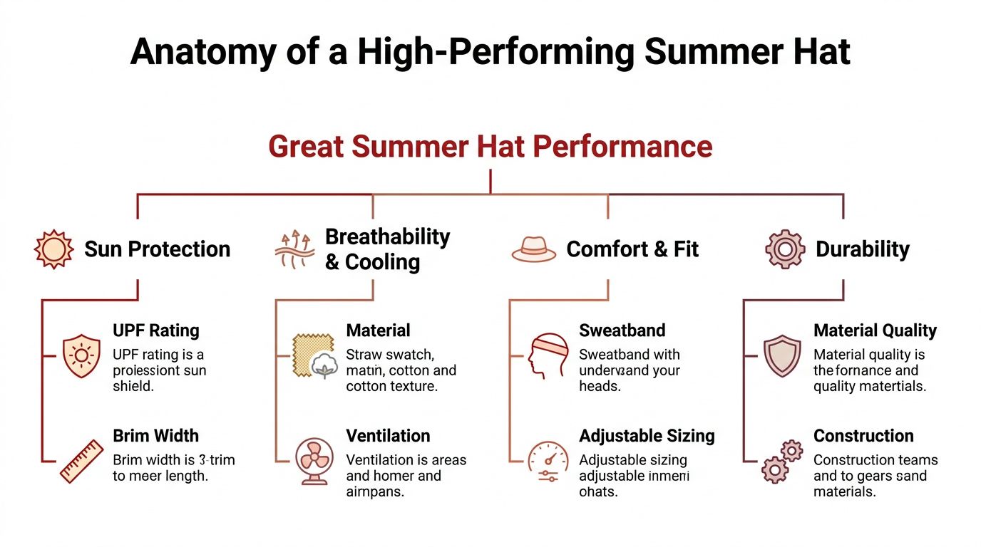 A diagram outlining the key features of high-performing summer hats including sun protection, breathability, comfort, and durability.
