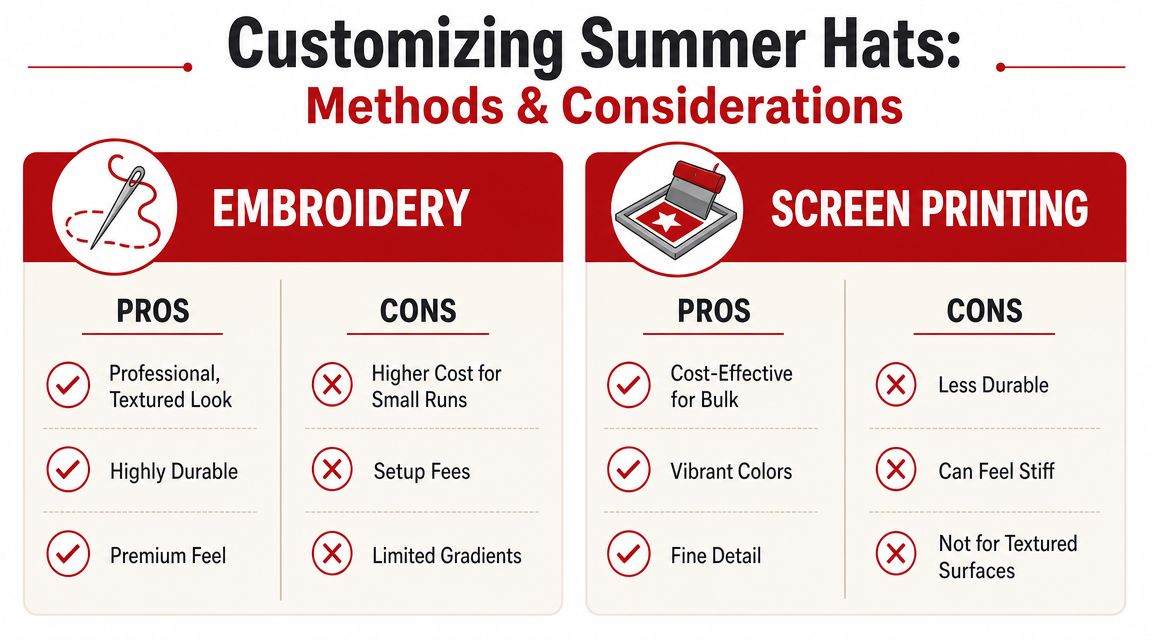 A comparison chart outlining the pros and cons of embroidery versus screen printing for customizing summer hats.