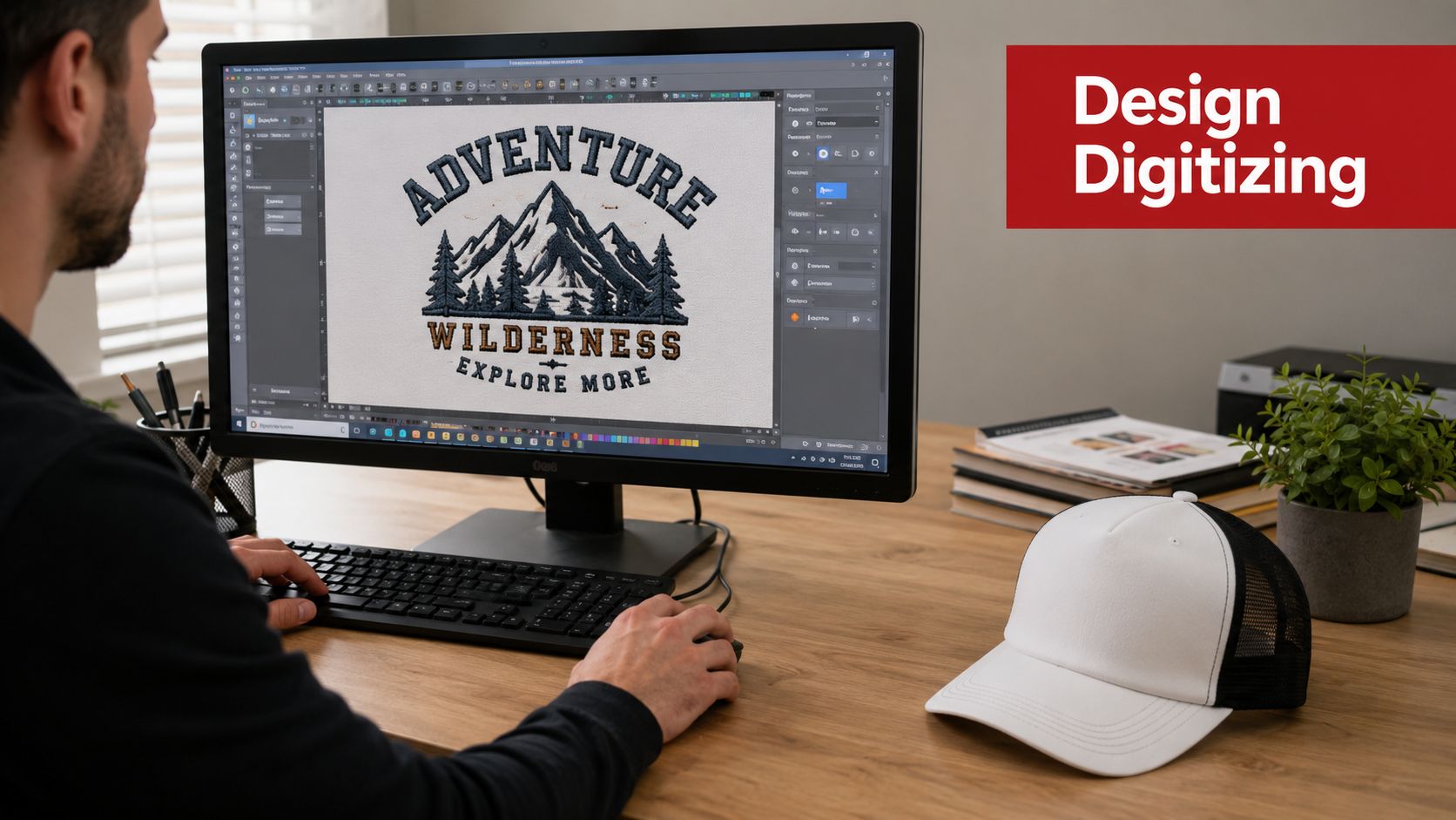 A professional designer uses software to create custom embroidery patterns for a blank trucker hat.
