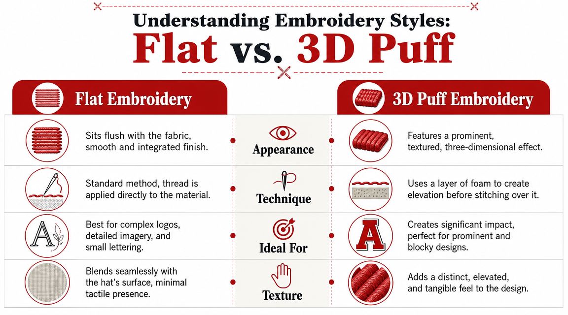 A comparison chart showing the differences between flat embroidery and 3D puff embroidery on hats.