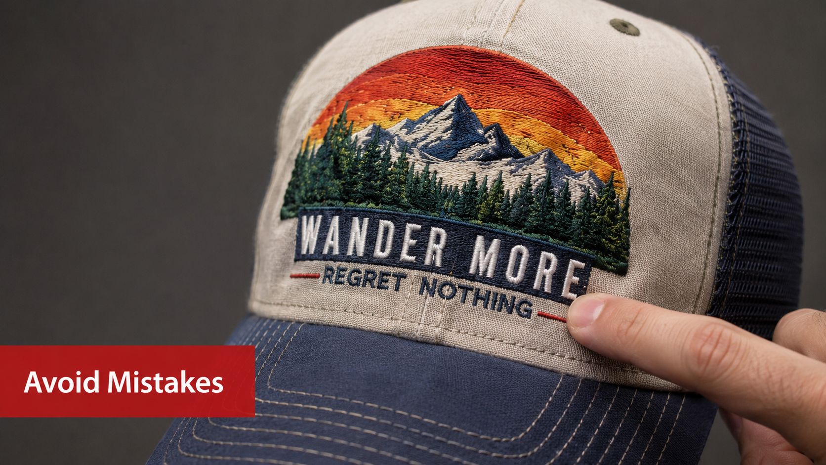 A close-up view of a person's finger touching the embroidered nature landscape patch on a tan trucker hat.