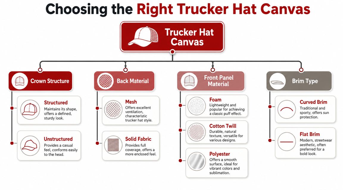 An infographic detailing the various structural options and material choices when designing custom trucker hats.