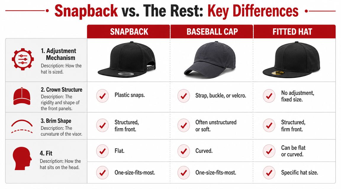 A comparison chart outlining key differences between snapback caps, baseball caps, and fitted hats regarding features.