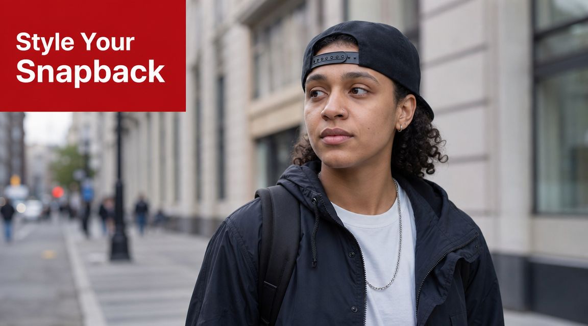 A person with curly hair wearing a black snapback cap and a black jacket in an urban setting.