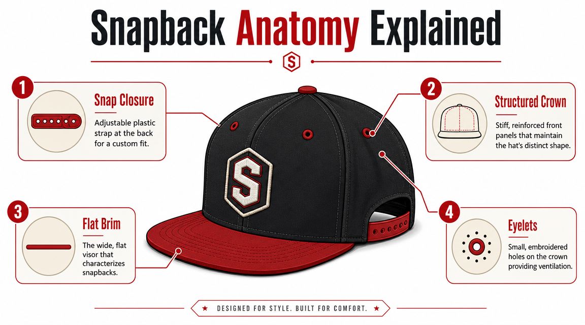 An infographic diagram illustrating the components of a snapback cap, including the closure, crown, brim, and eyelets.