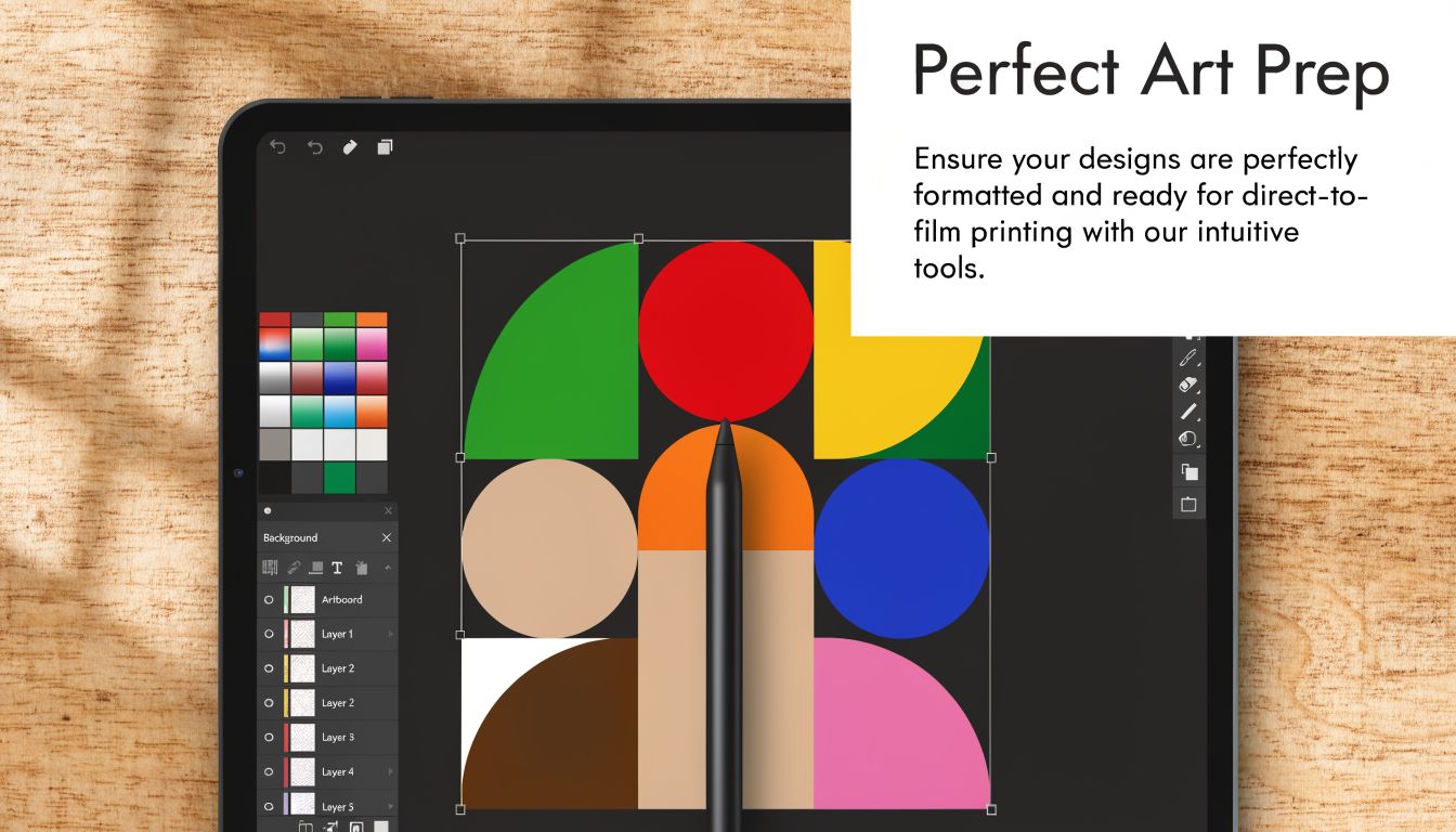 A digital illustration on a tablet showing abstract colorful geometric shapes for direct-to-film printing preparation.