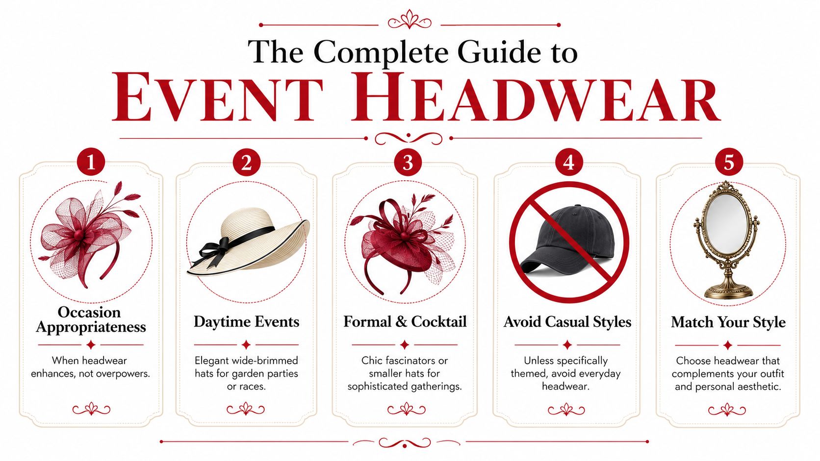 An infographic titled The Complete Guide to Event Headwear with five tips about choosing hats for events.