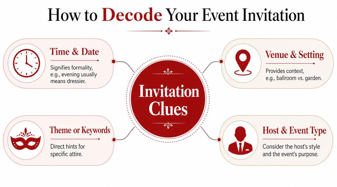 A diagram titled How to Decode Your Event Invitation illustrating four key factors for determining appropriate event attire.
