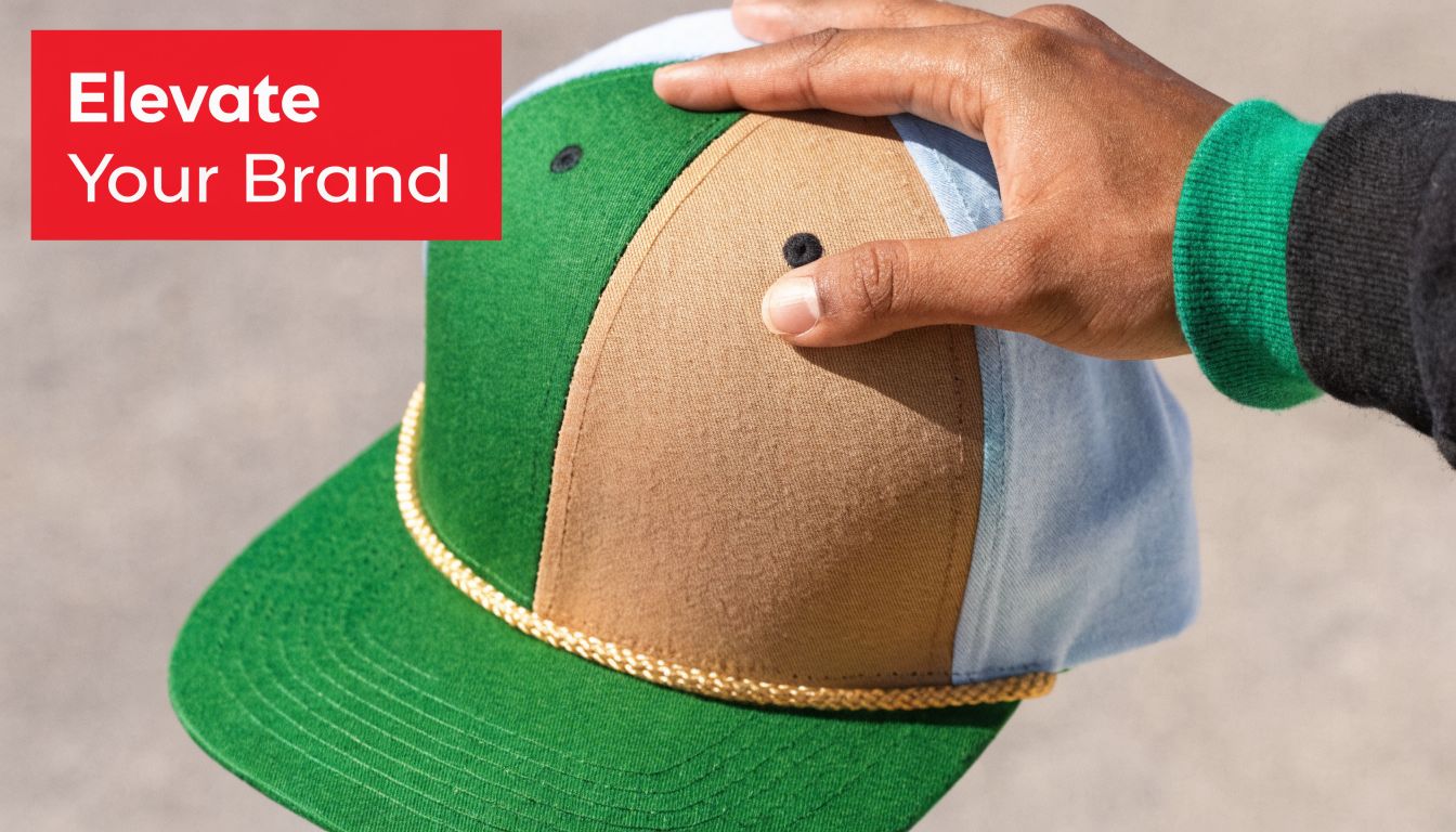 A close up view of a hand holding a multi-colored baseball hat with a woven patch area.