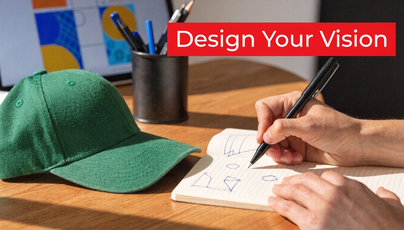 A person drawing geometric shapes in a notebook next to a green baseball cap on a desk.