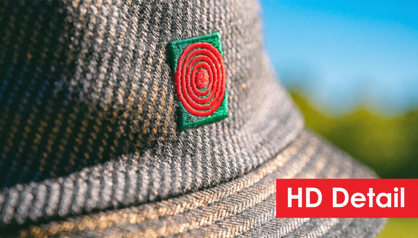A close-up shot of a textured grey bucket hat featuring a rectangular woven patch with red concentric circles.