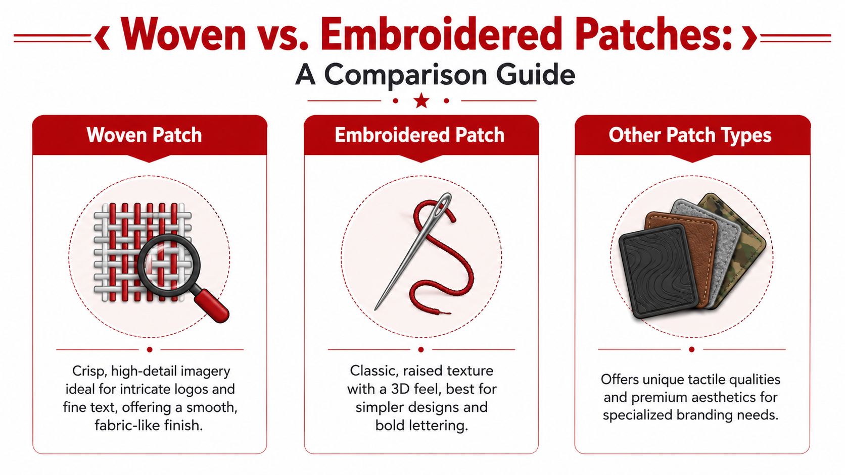 A comparison guide infographic explaining the differences between woven patches, embroidered patches, and other patch types.