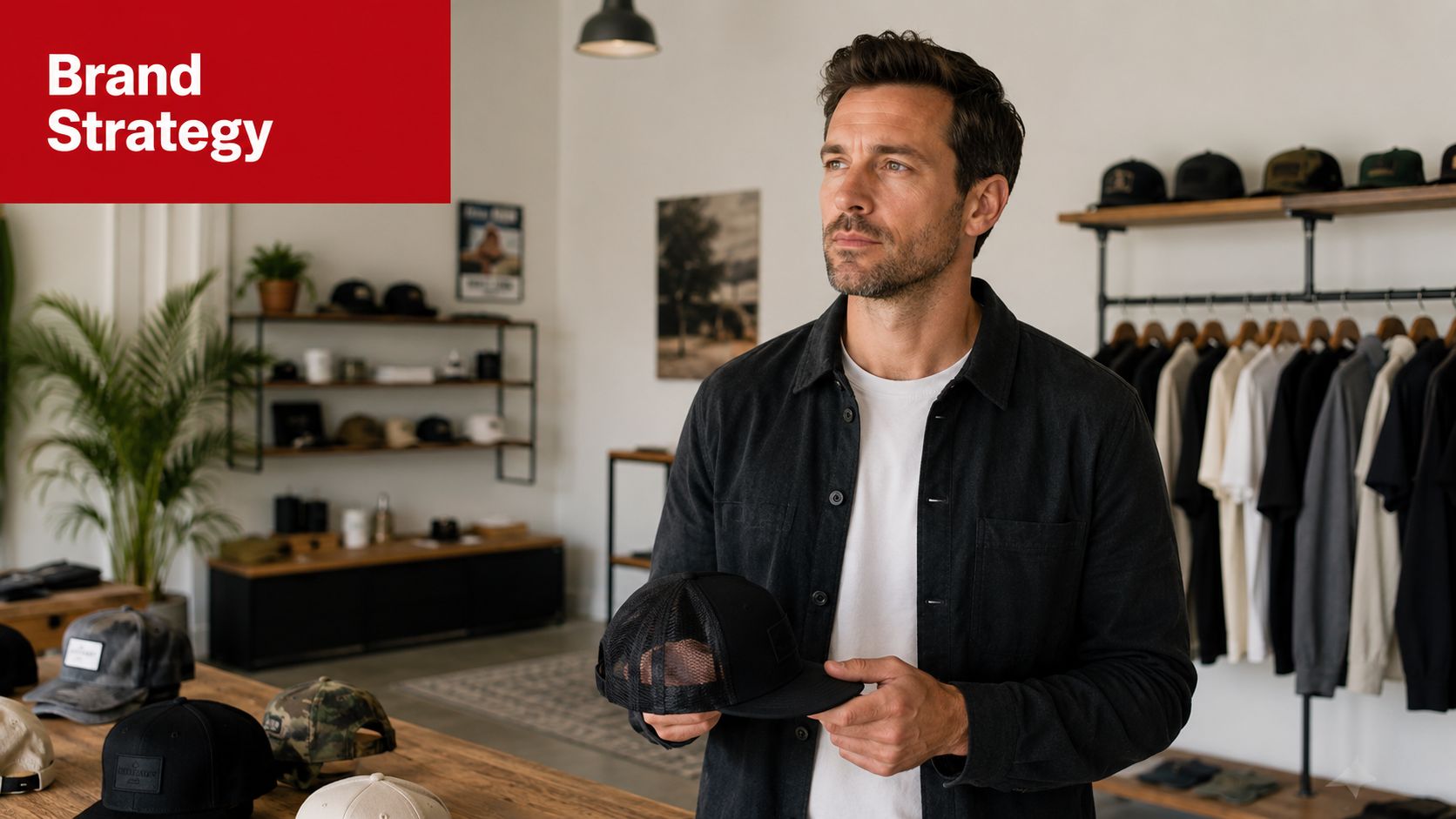 A man in a casual black shirt standing in a boutique store while holding a black mesh cap.