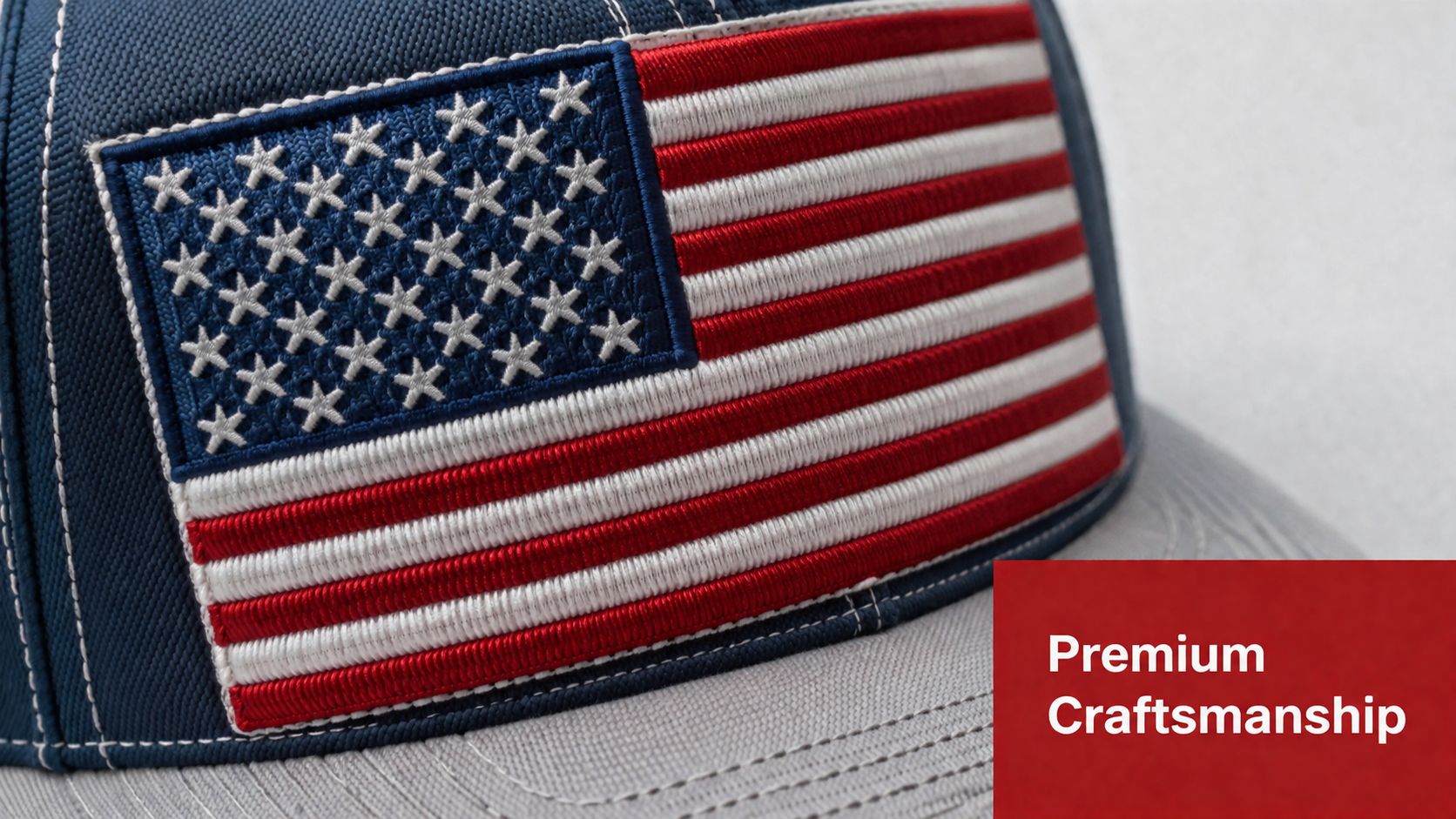 Close-up of a high-quality cap featuring an embroidered American flag design and textured fabric detail.