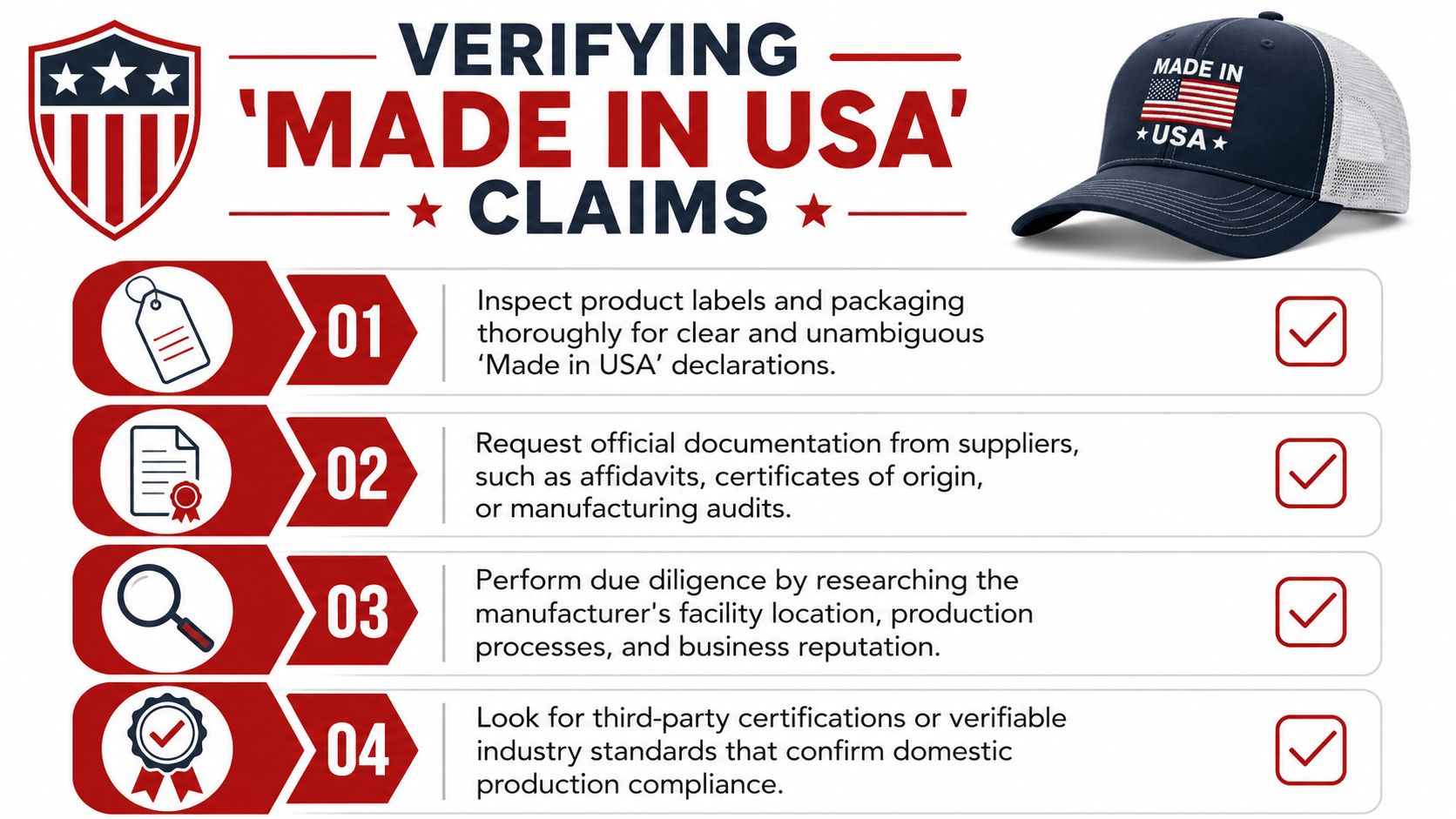 An infographic detailing four essential steps for verifying authentic Made in USA product claims and certifications.