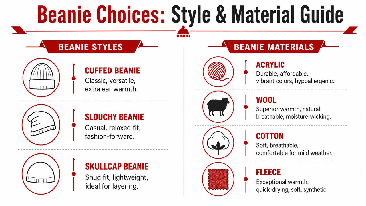 A visual guide explaining various beanie hat styles and fabric materials for cold weather headwear options.