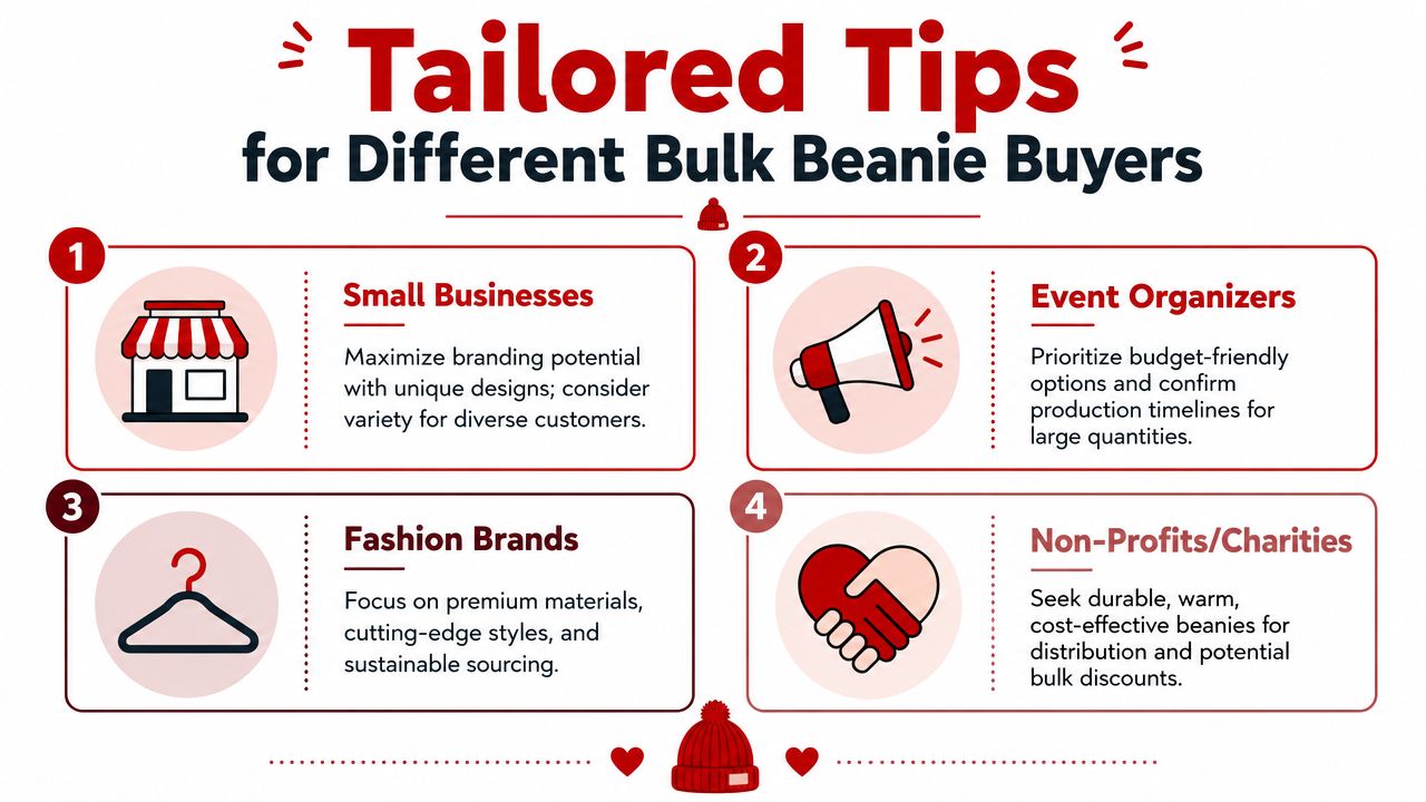 An infographic titled Tailored Tips for Different Bulk Beanie Buyers, listing advice for four specific business categories.