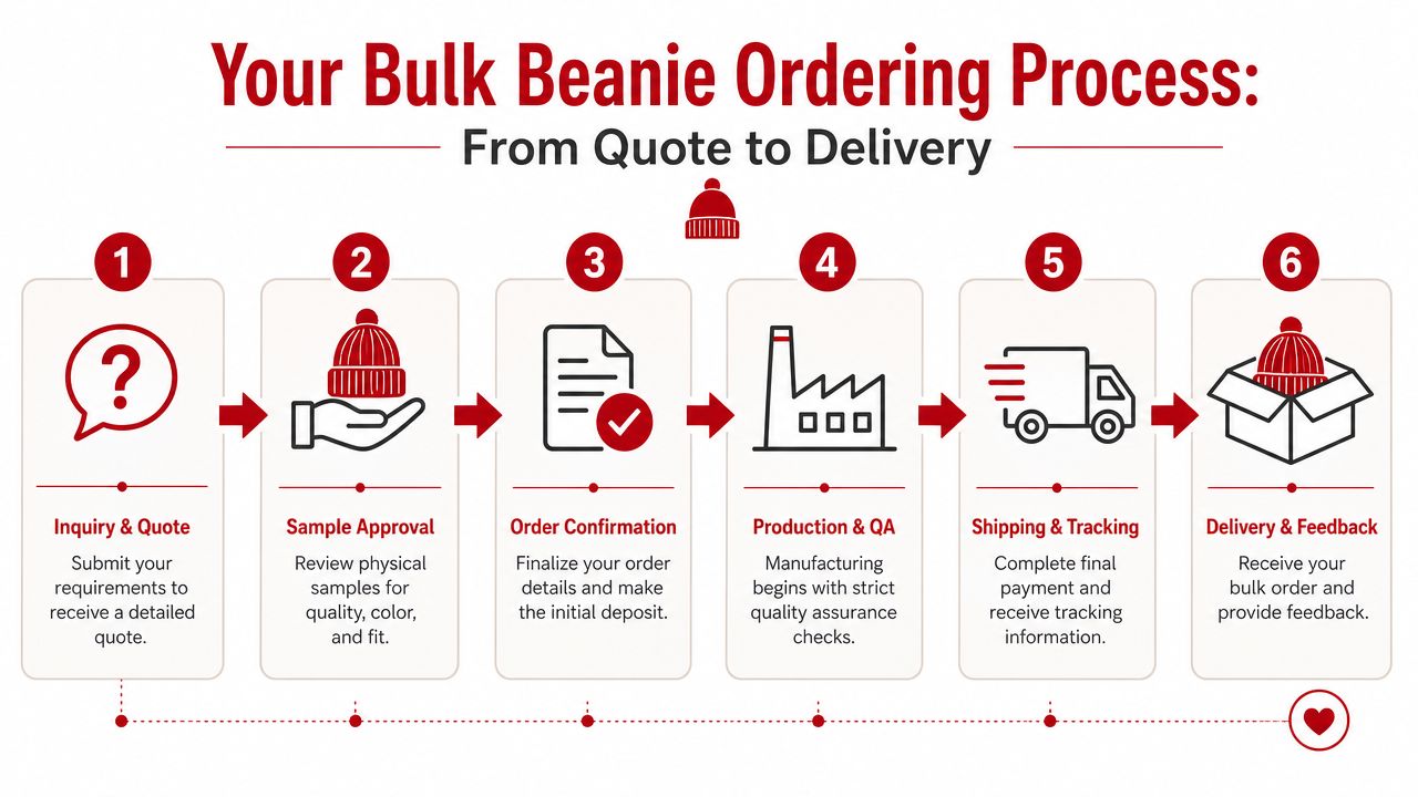 A six-step infographic illustrating the bulk beanie ordering process from initial inquiry to final delivery.