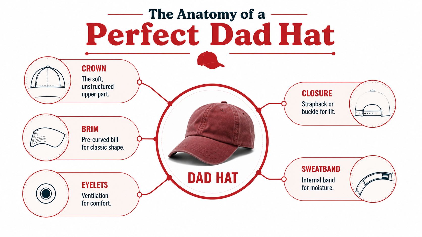 A diagram explaining the anatomy of a dad hat, highlighting its crown, brim, eyelets, closure, and sweatband.