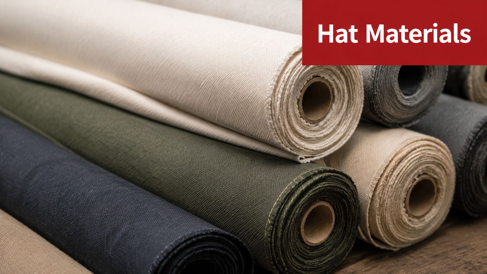 Several rolls of colorful fabric textile material stacked on a wooden surface for hat production.