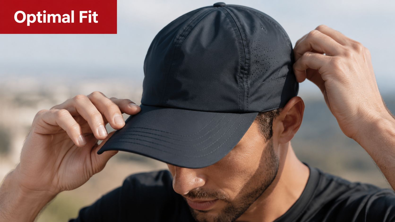 A close-up of a man adjusting a dark, breathable athletic baseball cap outdoors in the sunlight.