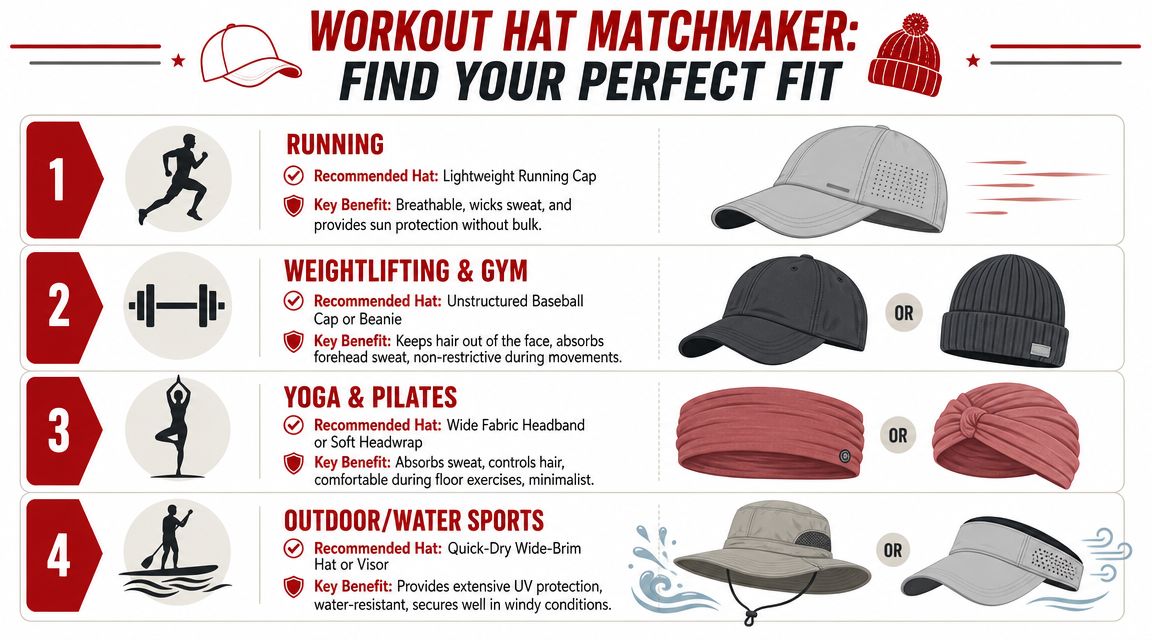 A helpful infographic guide matching different types of hats with specific workout activities like running and yoga.