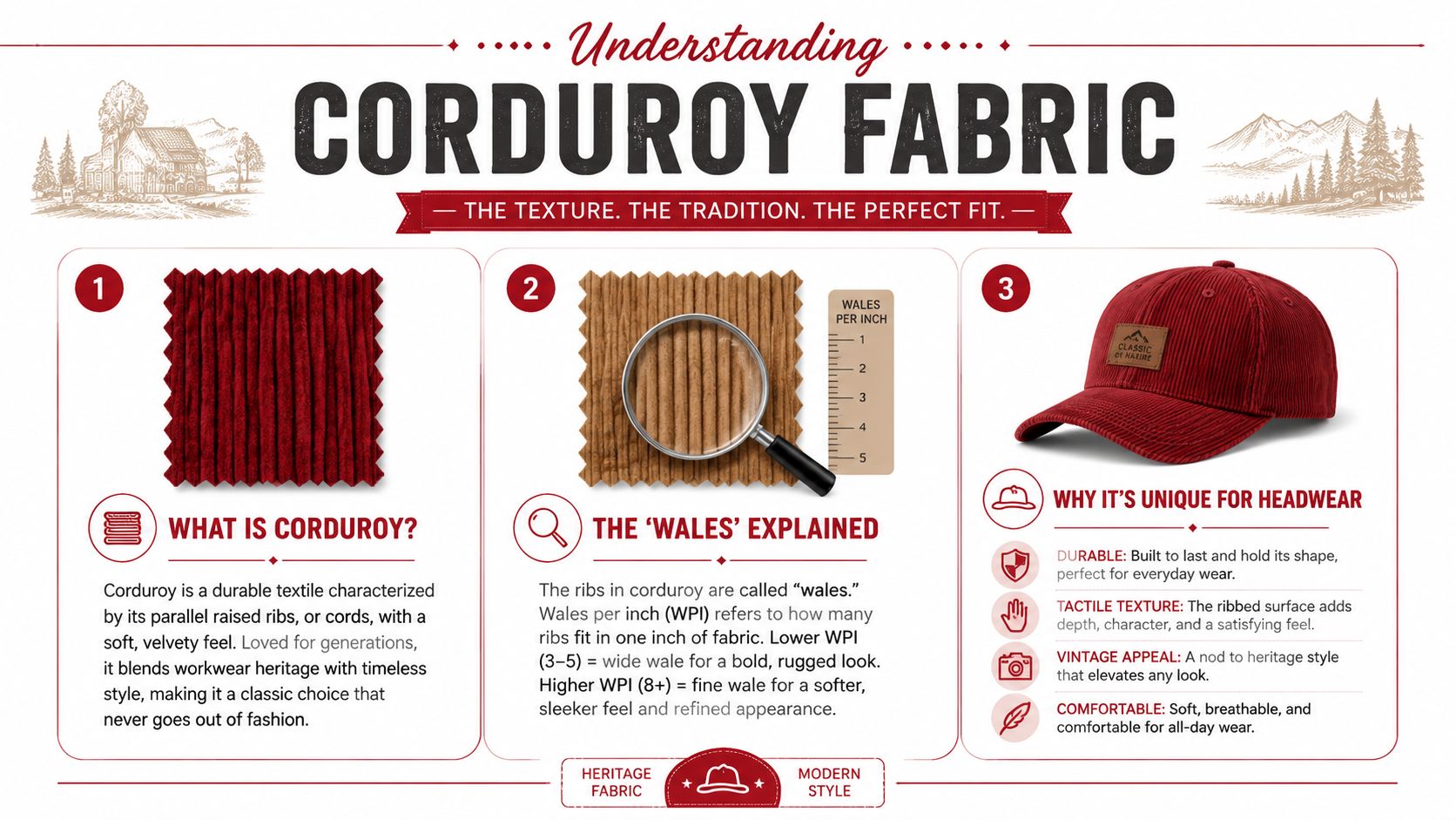 An infographic titled Understanding Corduroy Fabric, explaining the definition, wales per inch, and features of corduroy hats.