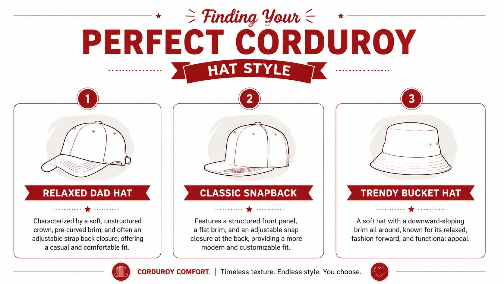 A graphic guide illustrating three popular corduroy hat styles including a dad hat, snapback, and bucket hat.