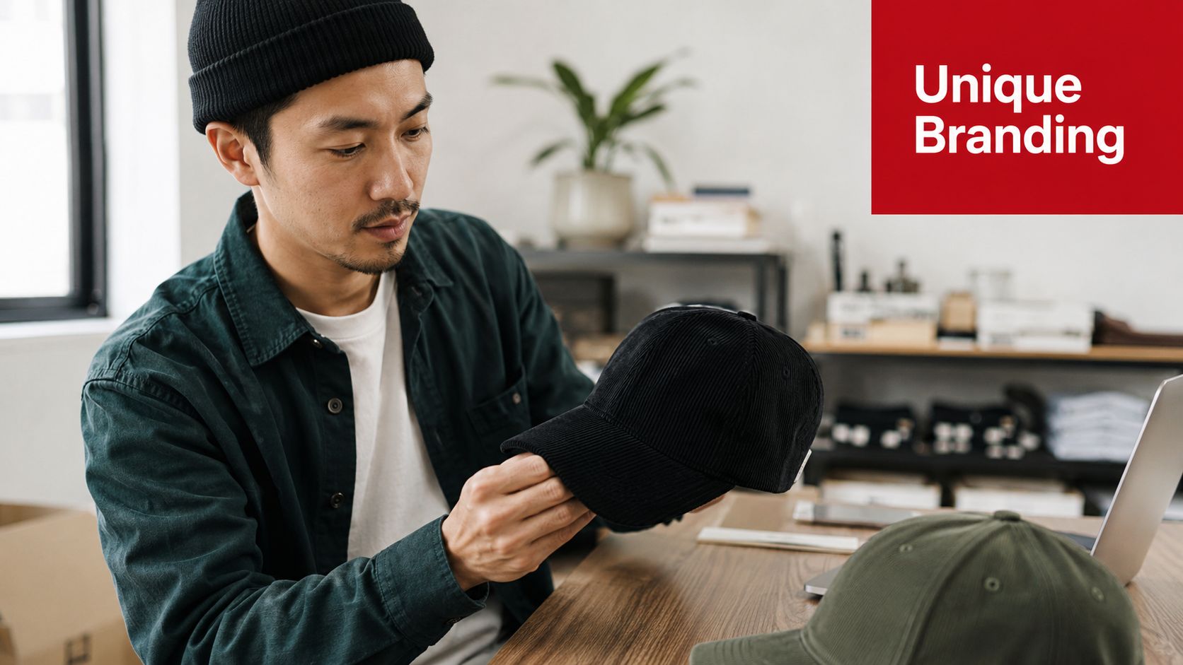 A young man sitting at a desk and carefully examining a black corduroy hat.