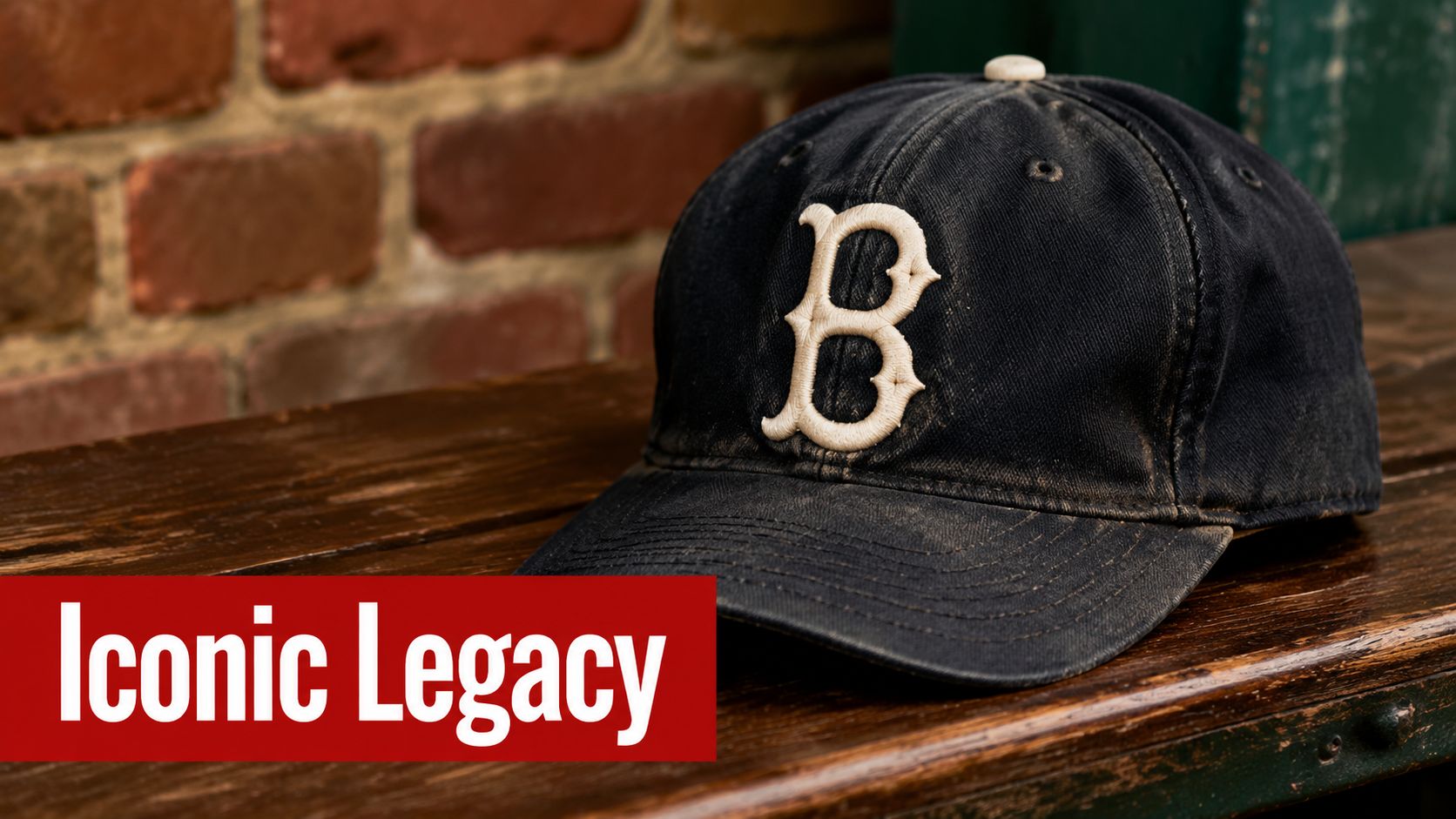 A vintage black baseball cap with a white letter B on a wooden bench against brick.