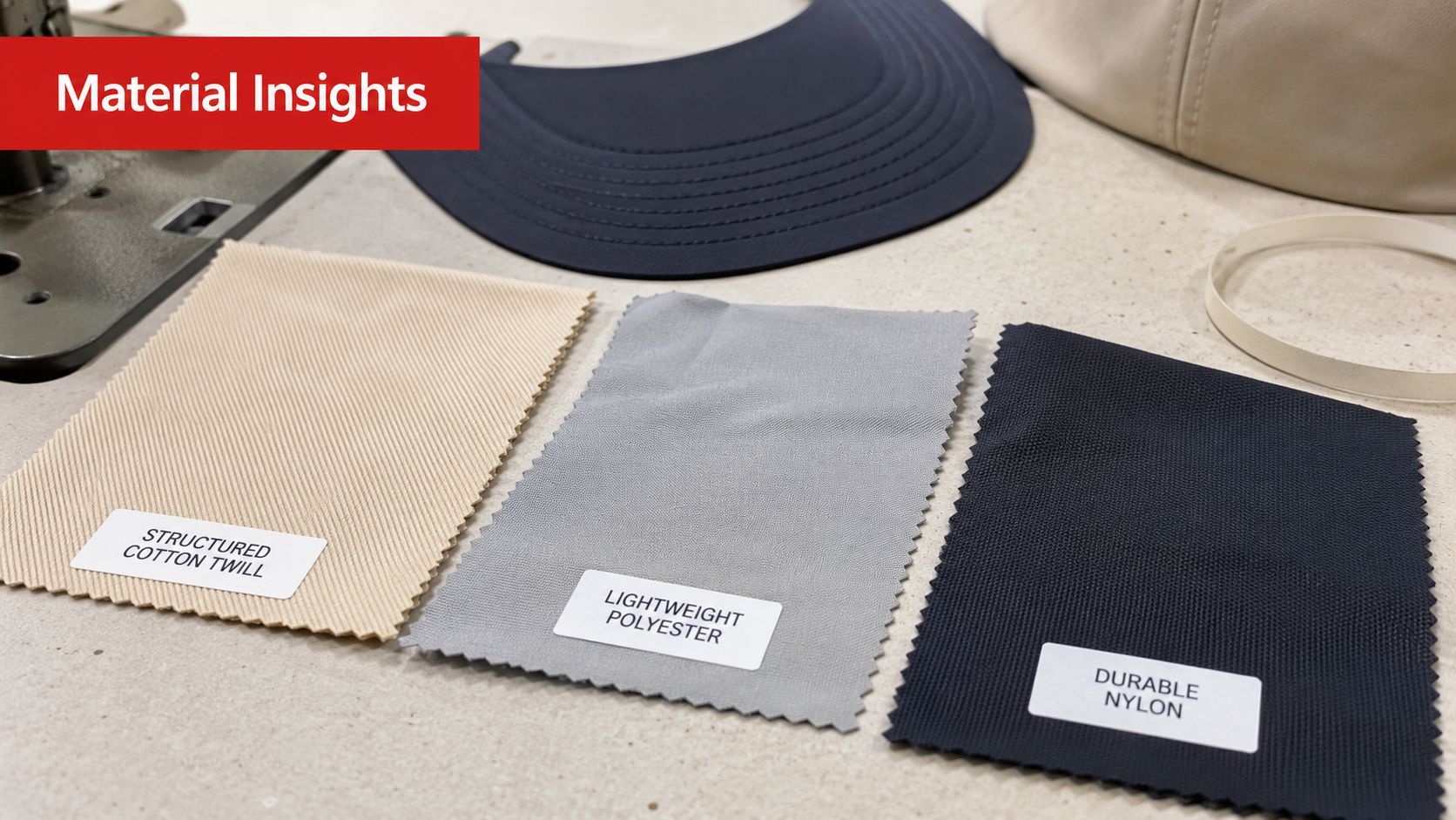 Fabric swatches labeled structured cotton twill, lightweight polyester, and durable nylon displayed with hat components.