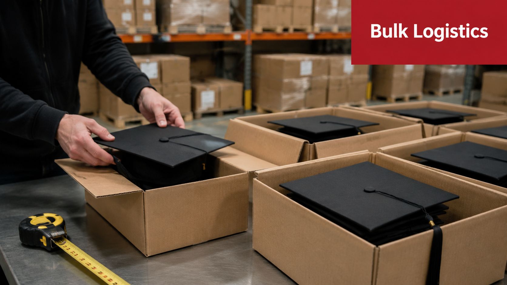 A warehouse worker packaging stacks of black graduation hats into cardboard shipping boxes for distribution.