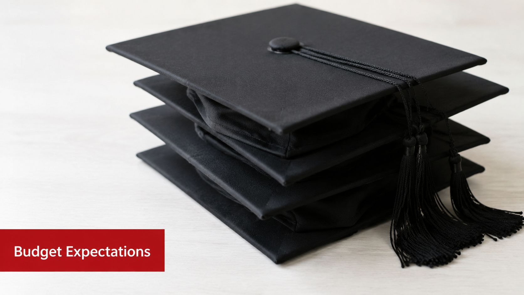 A stack of black graduation caps with tassels resting on a white wooden table surface.
