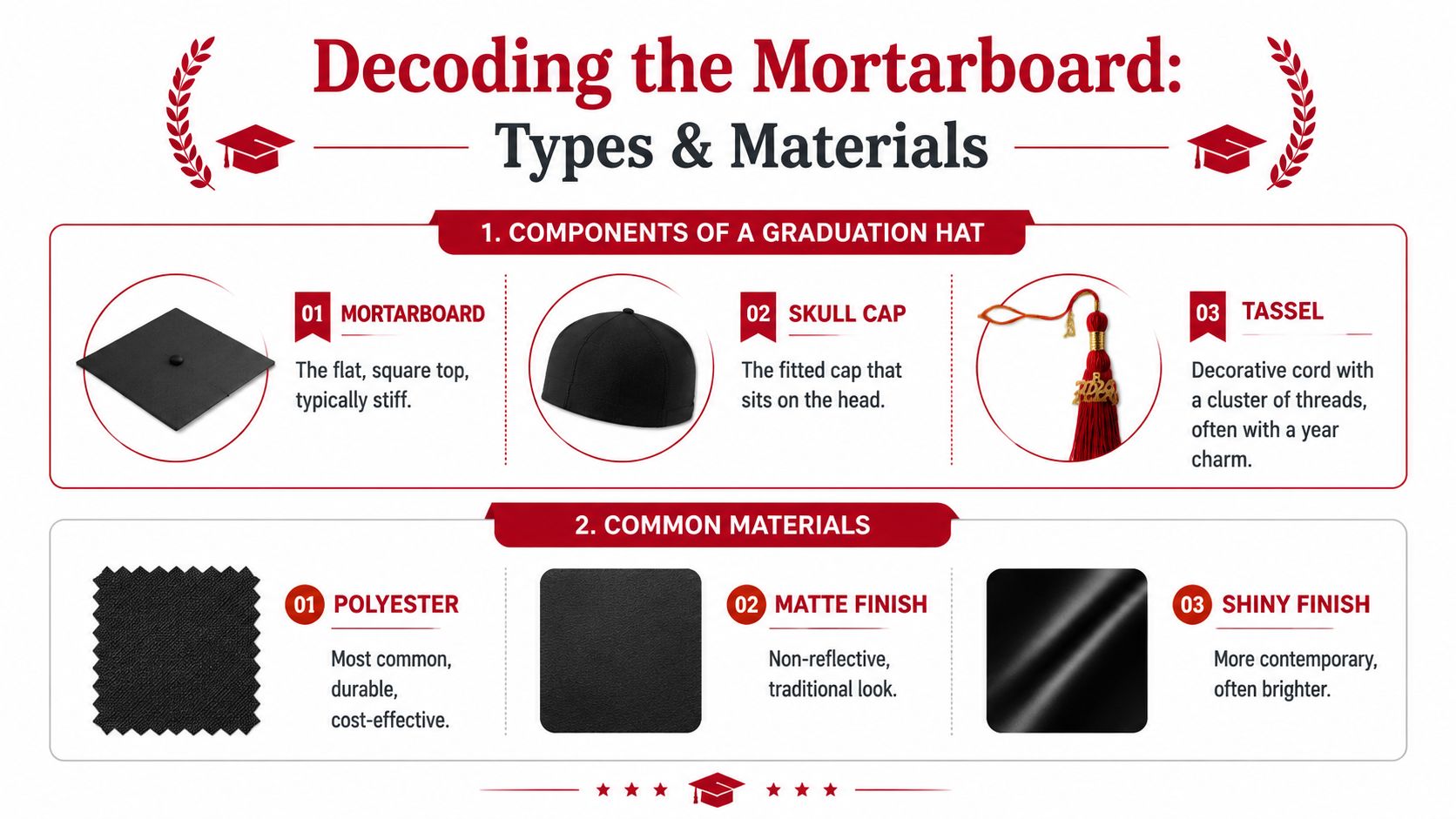 An infographic titled Decoding the Mortarboard detailing the components of a graduation hat and common materials used.