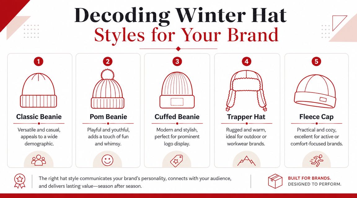 An infographic showing five styles of winter hats suitable for corporate branding and promotional apparel.