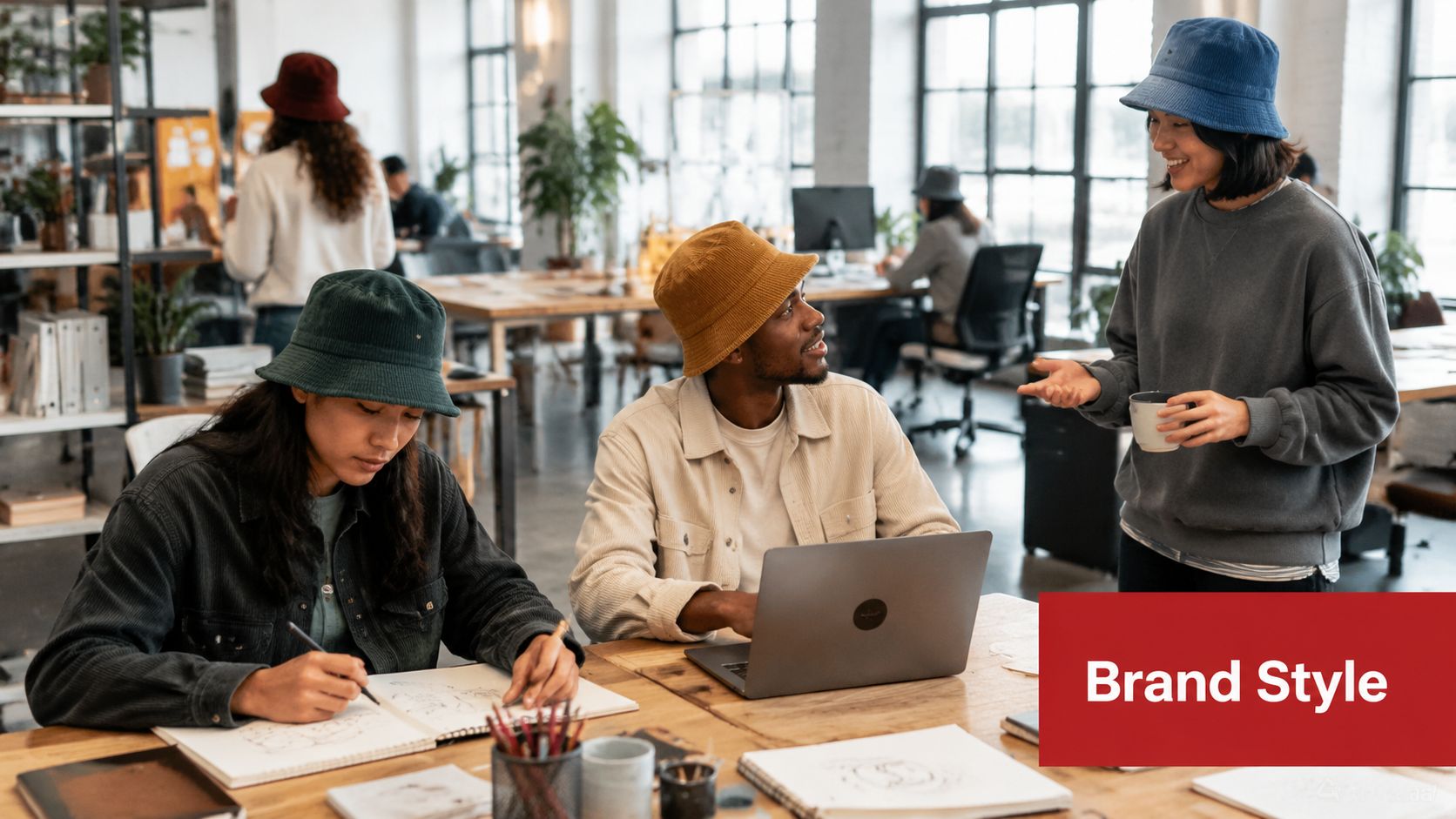 A team of young creative professionals wearing corduroy bucket hats collaborating together in a modern office space.